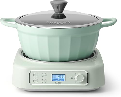 BUYDEEM Olla de cocción lenta 5 en 1 de 4.7 cuartos con olla antiadherente extraíble, compatible con varios utensilios de cocina, dos controles de
