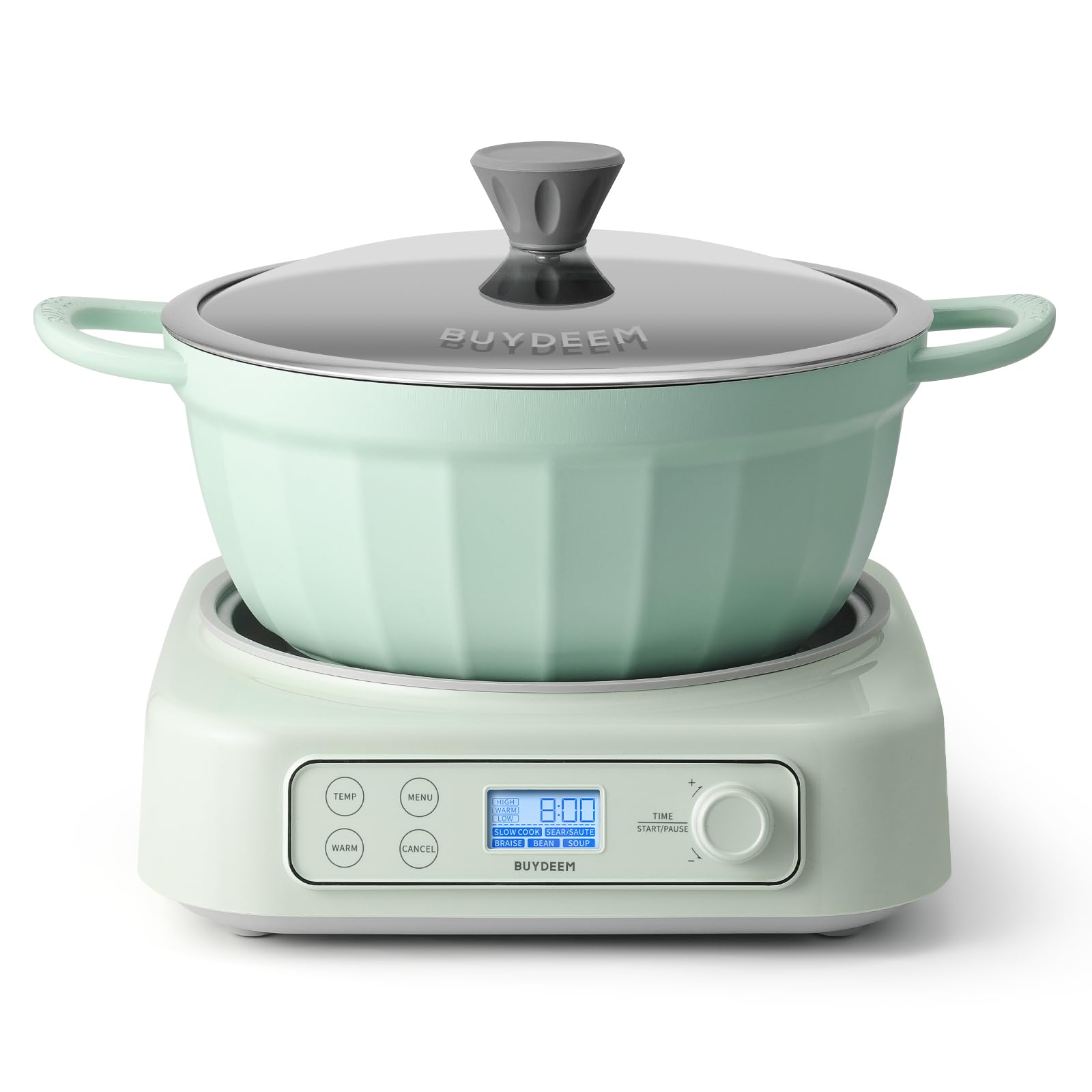 BUYDEEM 5-in-1 Slow Cooker 4.7QT with Removable Nonstick Stockpot, Compatible with Various Cookwares, Two Temperature Controls, Customized Time Settings, Auto Keep Warm for 2H, Cozy Greenish