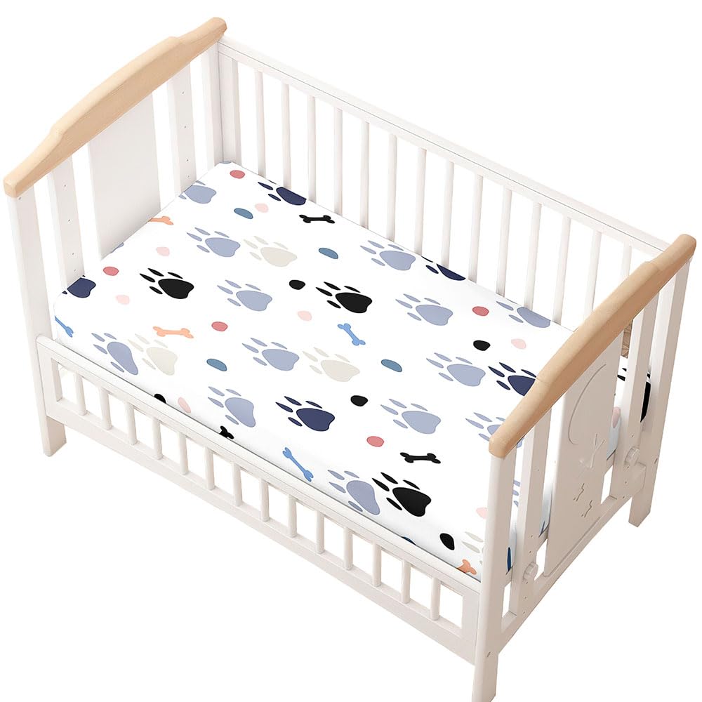 Odot Cot Bed Sheets, Animal footprints Print Bedside Cribs Fitted Sheets, Baby Bed Sheets Microfiber Cot Bed Mattress Protector, Bassinet Sheets, Easy Care Soft and Dureable (white gray,40x90 cm)