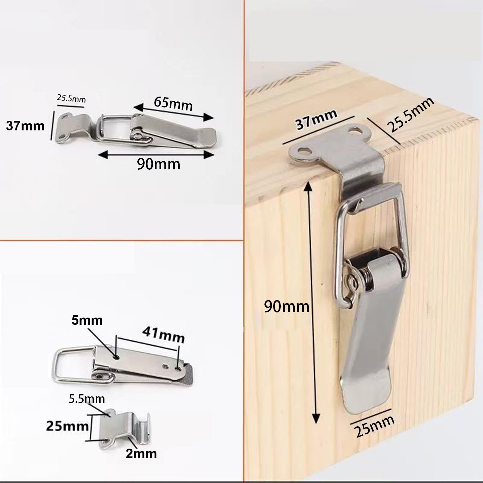 90mm Spring Toggle Latch Hasp, 2Pcs Stainless Steel Tension Clasp, Duck Billed Buckles for Cabinet Box Drawer - Image 2