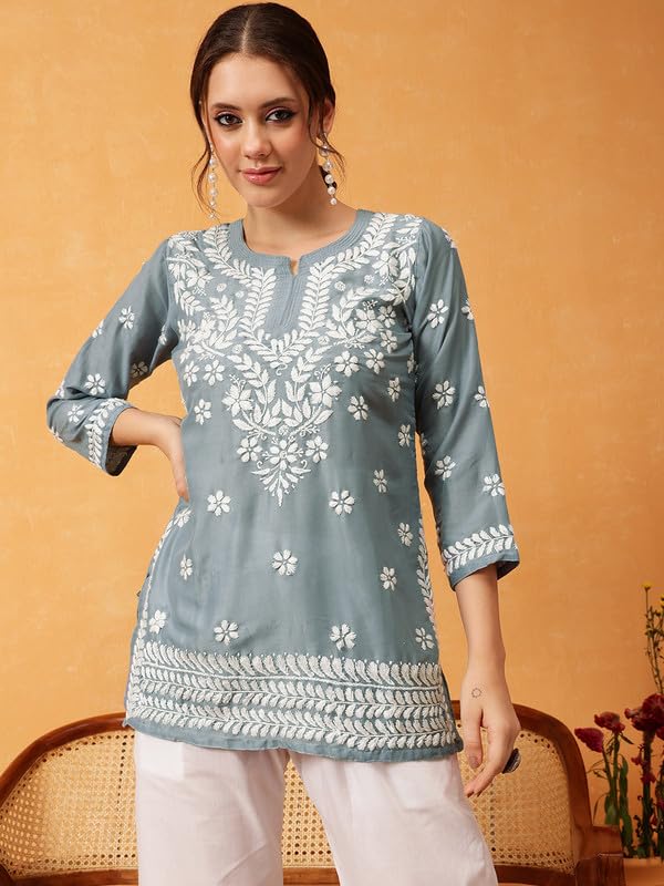 Image of Ada Hand Embroidered Lucknowi Chikankari Muslin Top for Women A911420 | Lucknowi Short Kurta Kurti Tunic Casual Wear Ethnic Wear Chikan Work Straight handcrafted top Kurti for Office