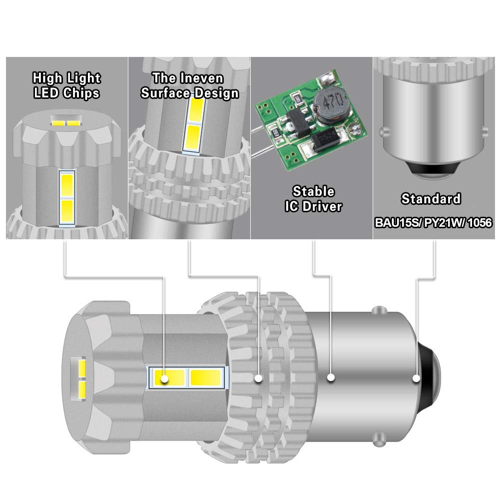 BAU15S 7507 1156PY PY21W (150 °) Ampoules Led Blanc Xenon Haute Puissance 24W 12SMD 3020 Chipsets 2760LM 6500K pour Feu Arrière, Veilleuse, Spots Arrières (Pack de 2)