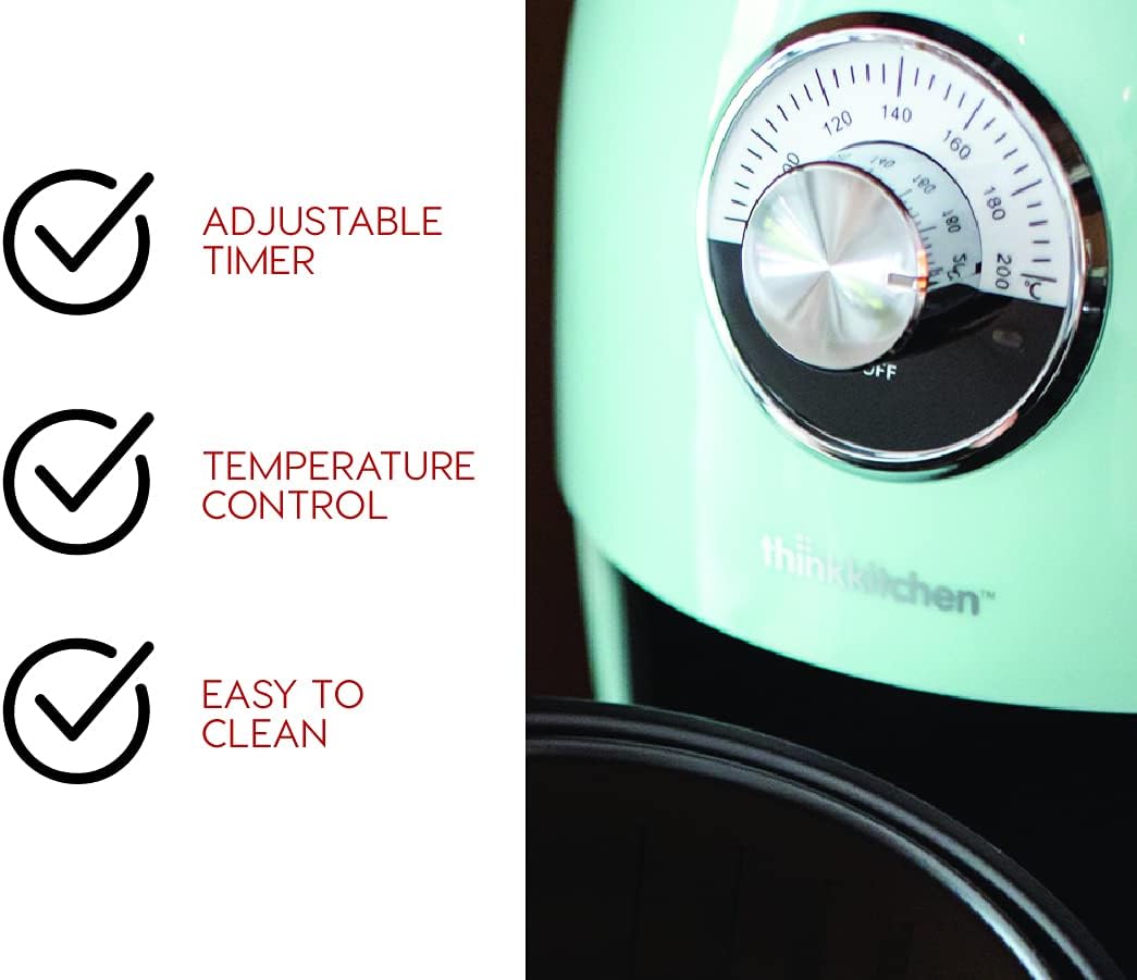 Close-up of air fryer control dial with checkmarks indicating adjustable timer, temperature control, and easy to clean