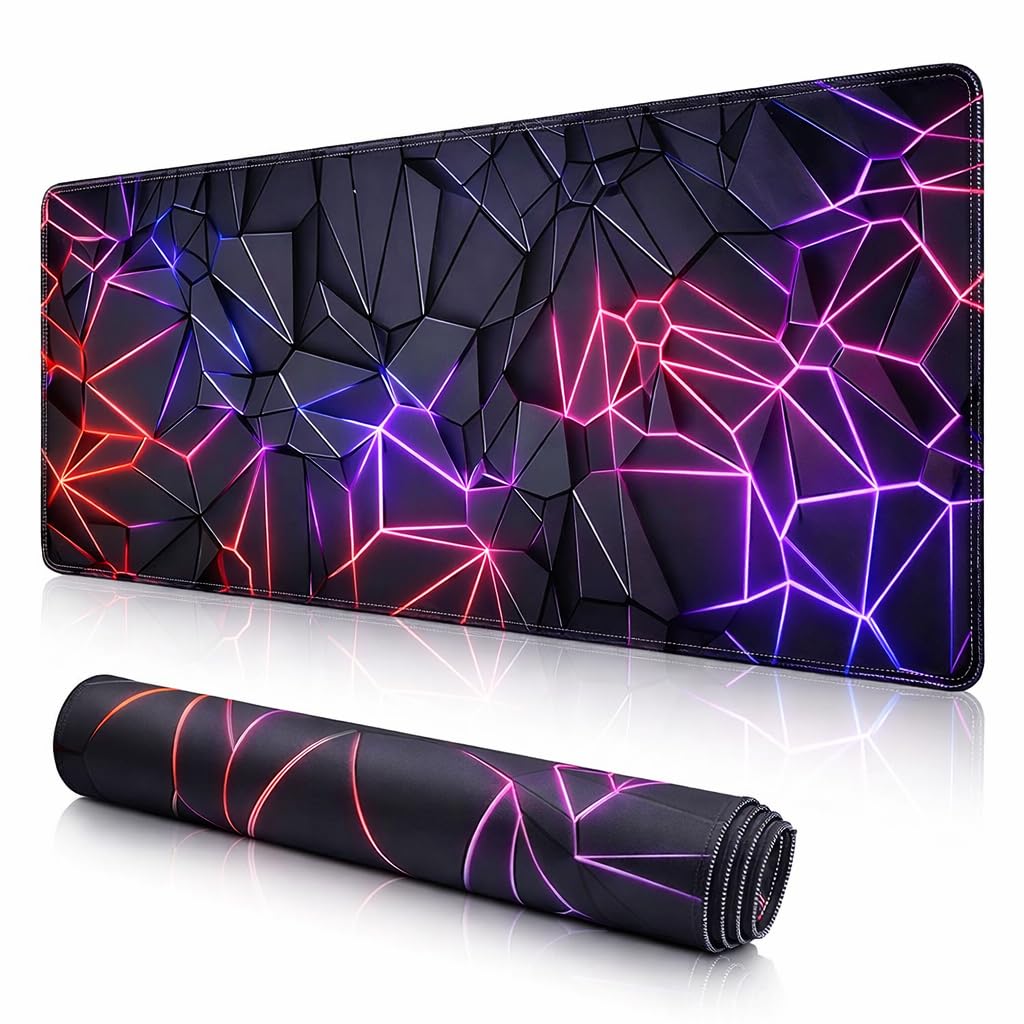 Large Extended Gaming Mouse Pad 800x300x3mm (31.5×11.8 inch) 3D Geometric Desk Mat with Stitched Edges, Waterproof Non-Slip Rubber Base, XXL Keyboard & Mouse Pad for PC, Laptop, Office & Home