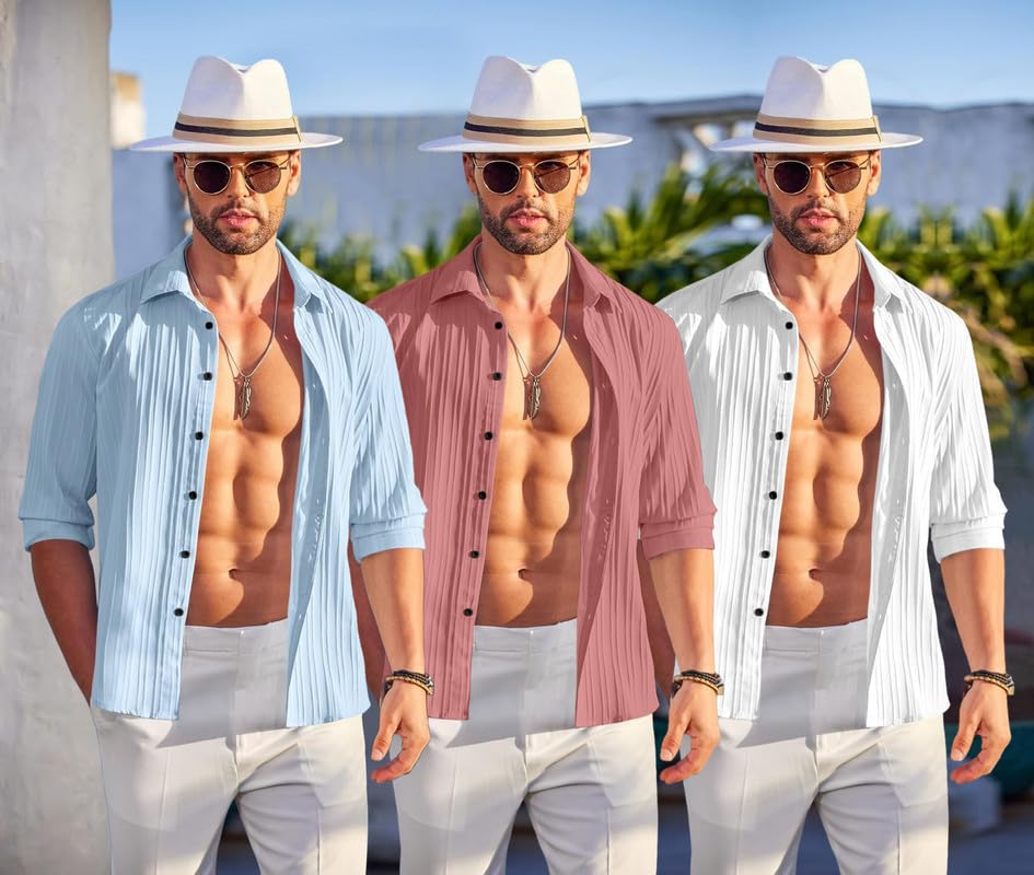 Image of FINIVO FASHION Combo of Men's Casual Cotton Plain Button Down Shirt Long Sleeve Textured Summer Beach Shirt for Men Pack of 3