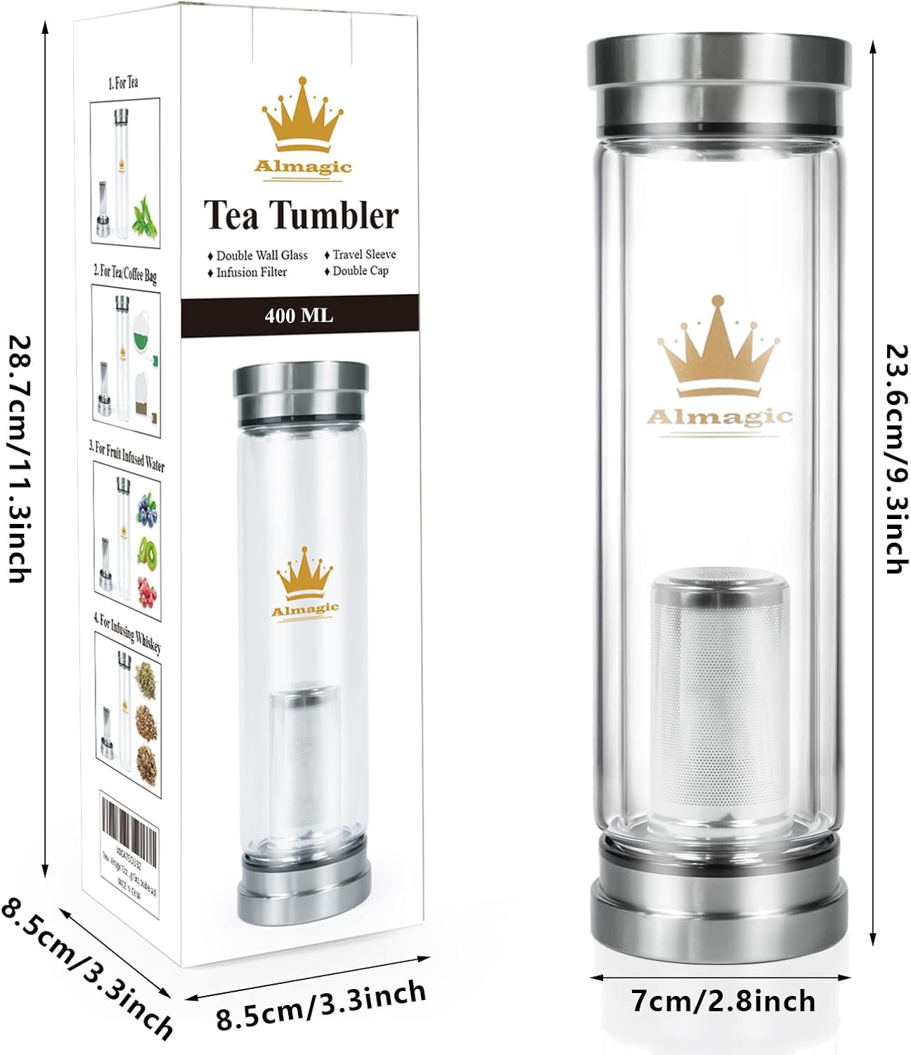 Tea Infuser Bottle for Loose Leaf Teas, 400 ml / 13.5 fl oz Double Wall Glass Tea Bottle with Infuser, Insulated Tea Tumbler with Infuser, Leak Proof Water Bottle with Protective Travel Sleeve - Image 3