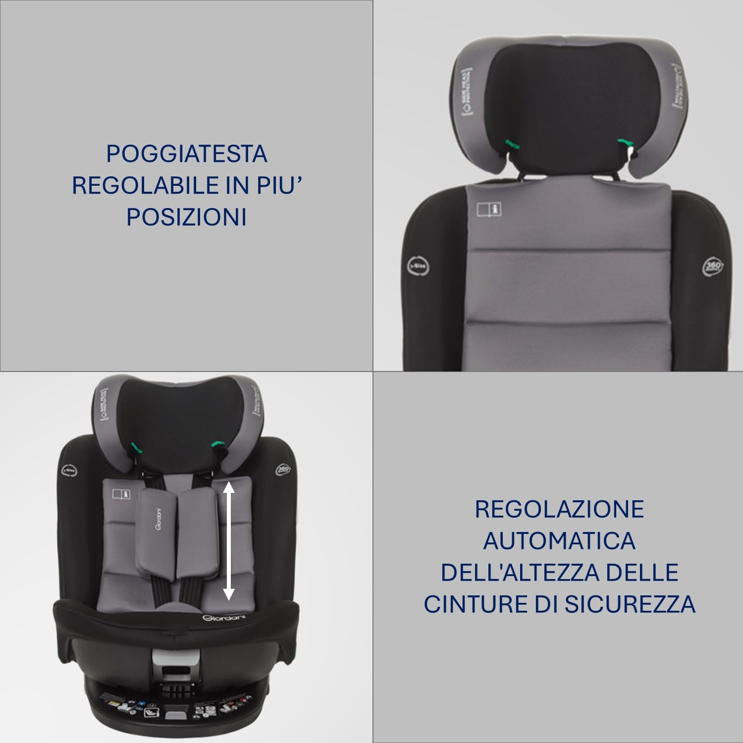 Giordani Jupiter Seggiolino Auto 40-150 cm I-Size, Base Girevole 360°Omologato R129/03, Connettori Isofix e Top Tether, Reclinabile, Riduttore Neonato e Regolazione Automatica, 0-12 Anni