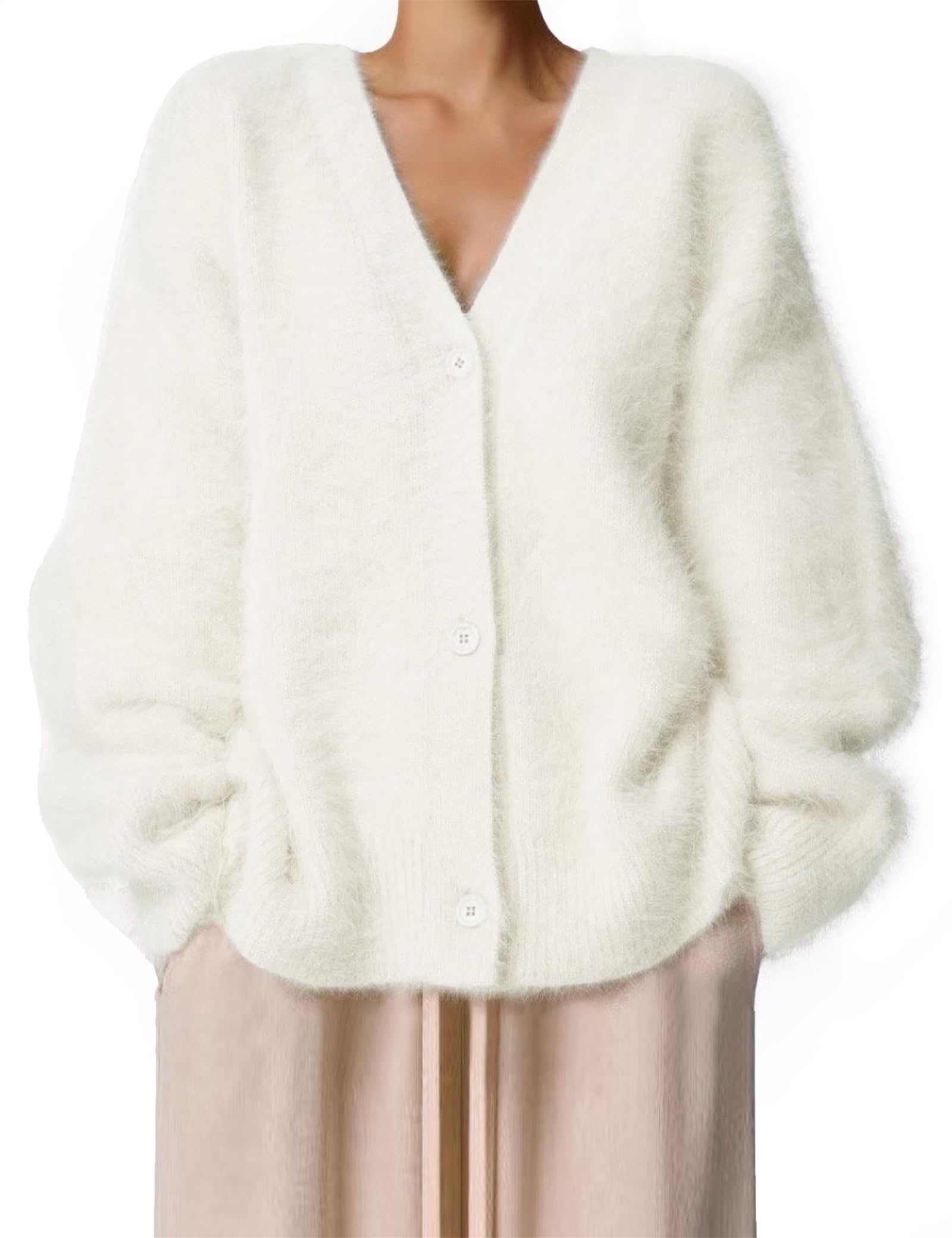 Womens V Neck Fuzzy Cardigan Sweaters Button Down Long Sleeve Open Front Cardigan Fall Winter Outfits 2025