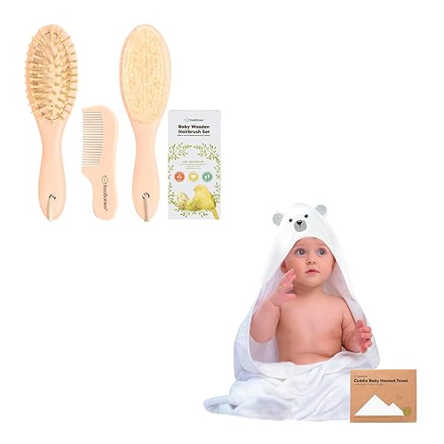 Miniatura 1 de KeaBabies Juego de cepillo para el pelo y peine para bebé y toalla con capucha KeaBabies Baby - Cepillo de madera para bebé con cerdas suaves de