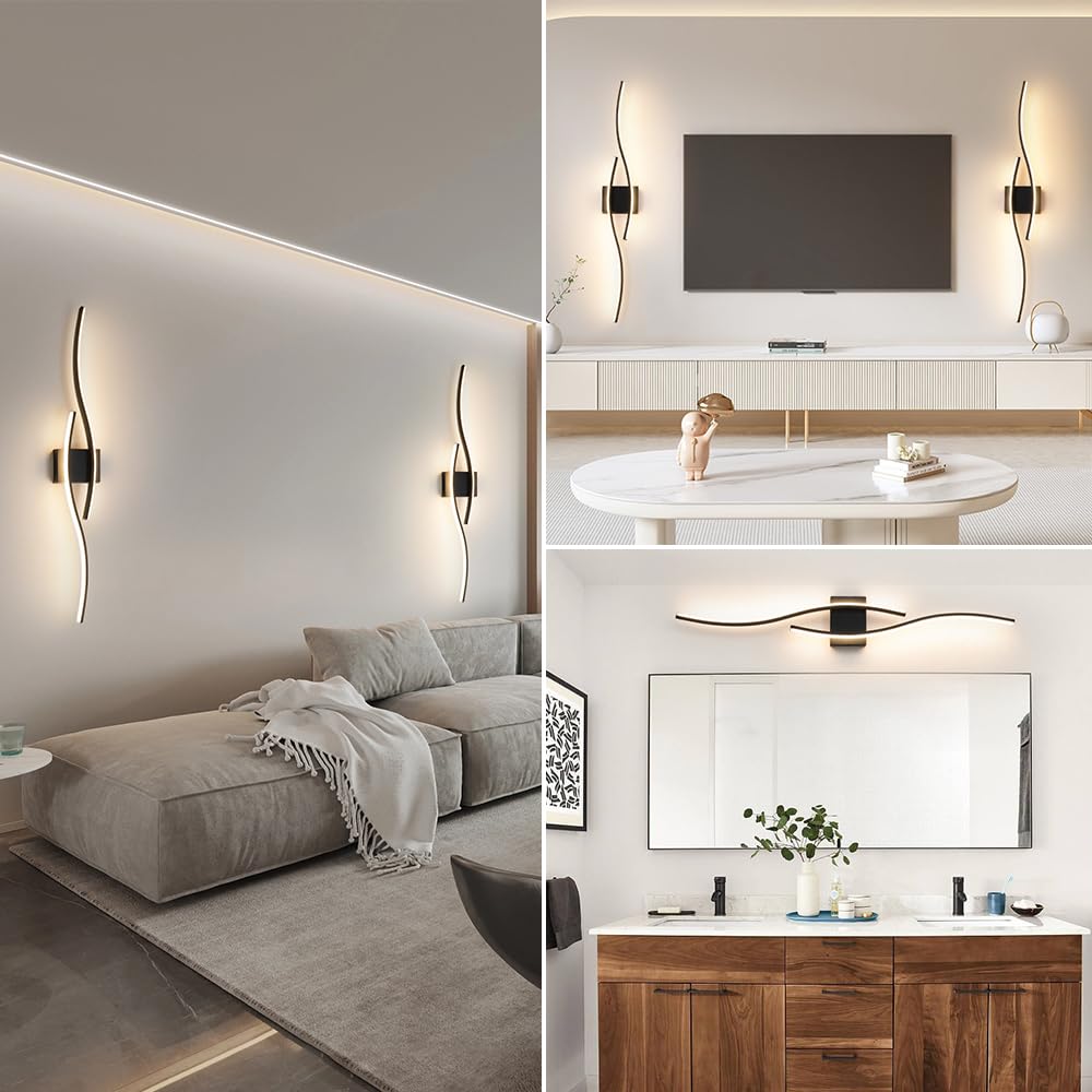 Modernes 2er-Set Wandleuchten mit Fernbedienung, Dimmbare LED-Wandleuchten 26W, Schwarze Wandleuchte mit Timer, Wandbeleuchteung für Wohnzimmer Schlafzimmer Flur, Schwarz, 103 CM