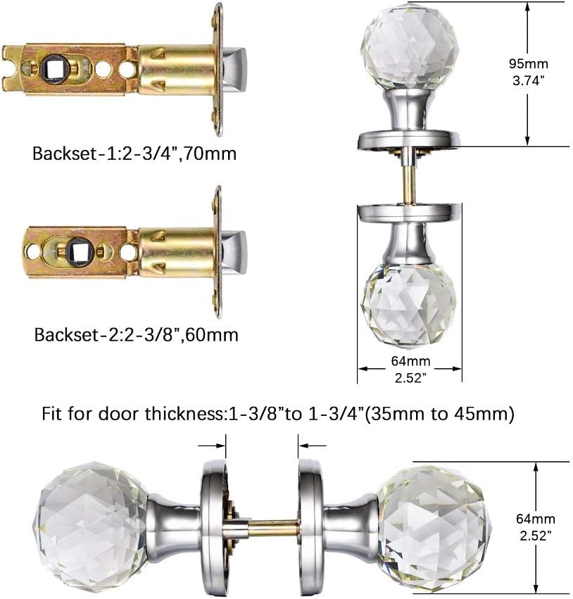 Crystal Glass Door Knobs Interior, Round Door Knobs for Hall and Closet (Passage, Polished Chrome)