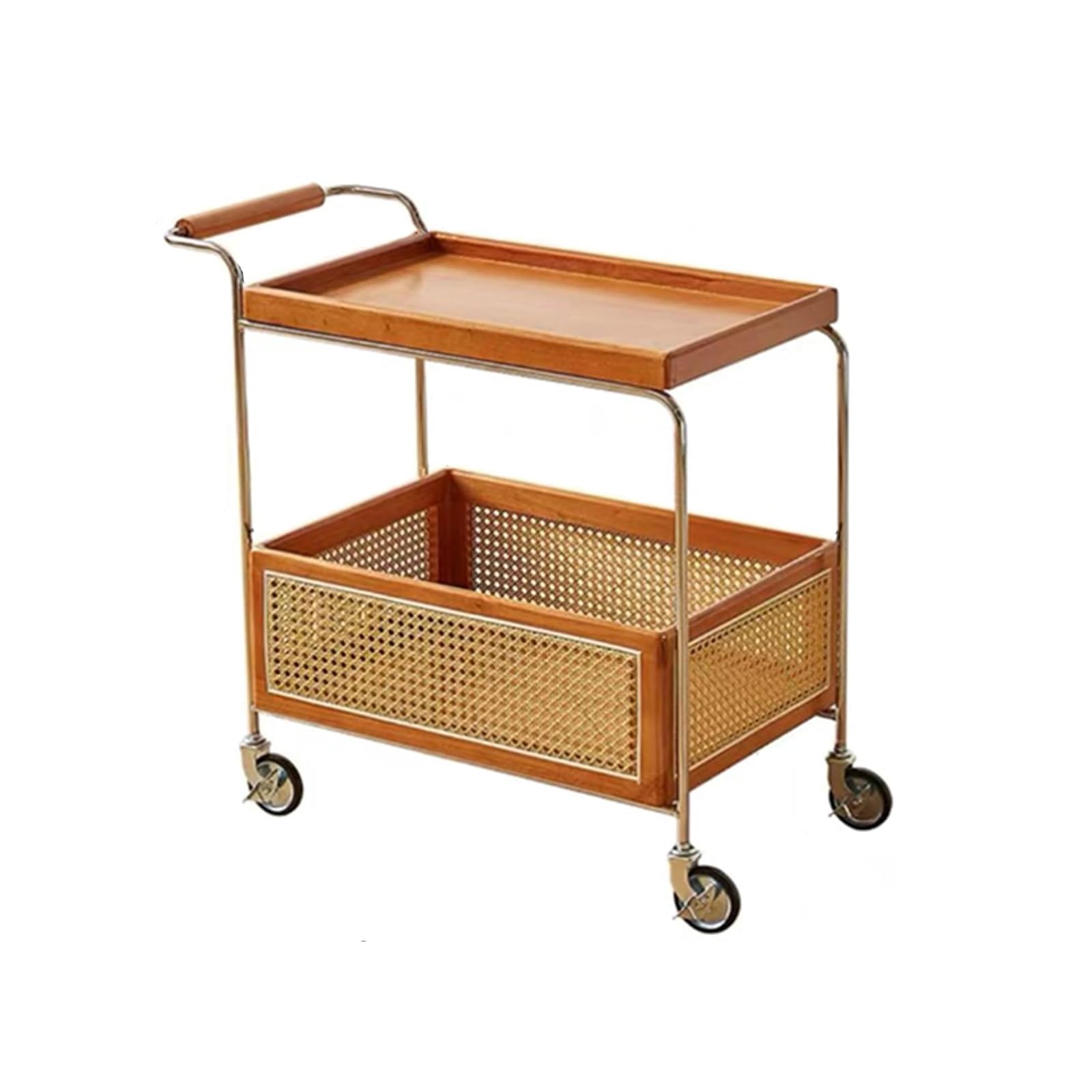 Mesa auxiliar de 2 niveles con ruedas giratorias, mesa auxiliar de madera maciza con cesta de almacenamiento, mesas auxiliares móviles para sala de estar, dormitorio, oficina
