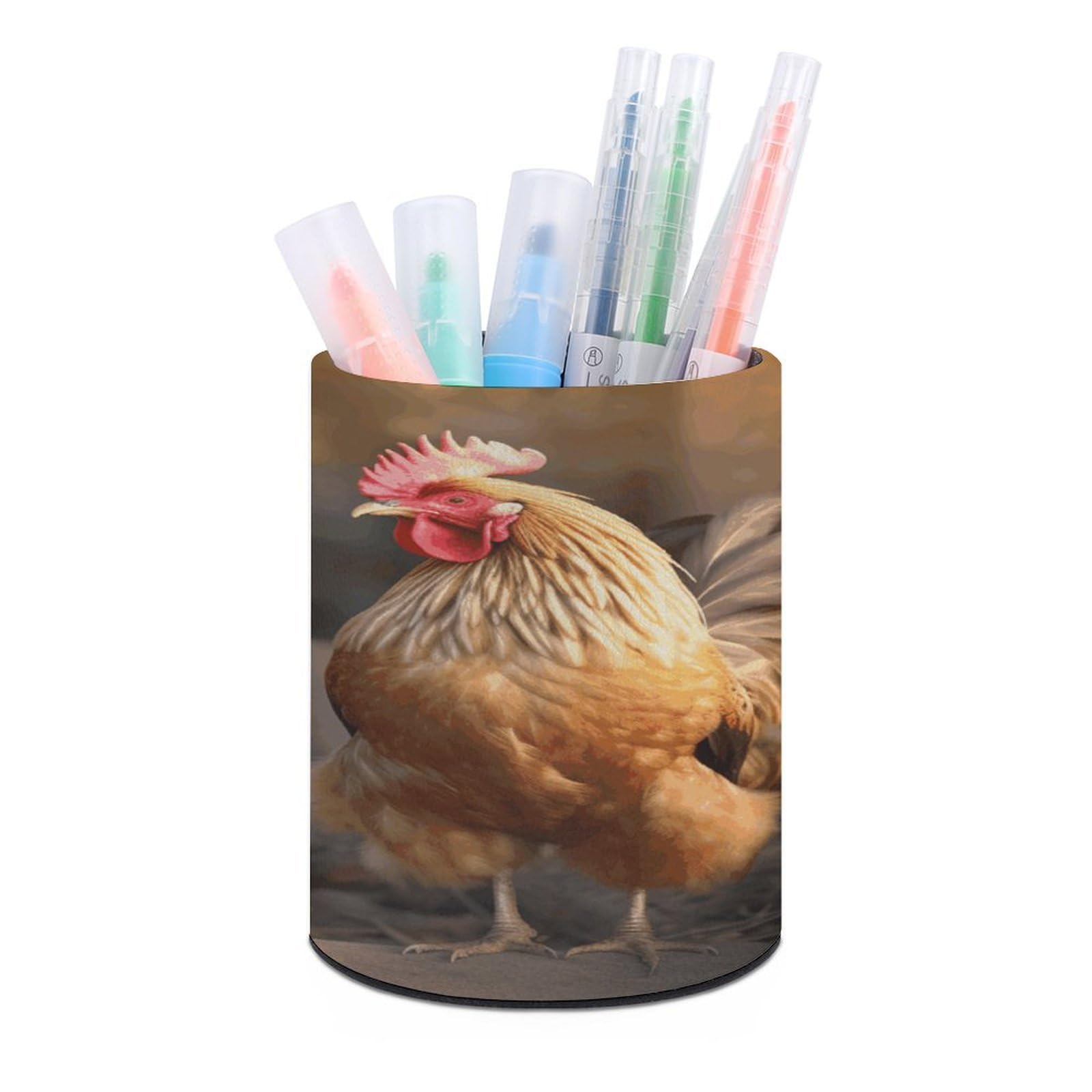 VstaDank Rooster And Chicken Pen Holder Leather Pencil Cup Round Pencil Holder for Desk Organizer Personalized Pen Cup Fashion Pen Organizer Makeup Brush Holders for Office Home&Gift