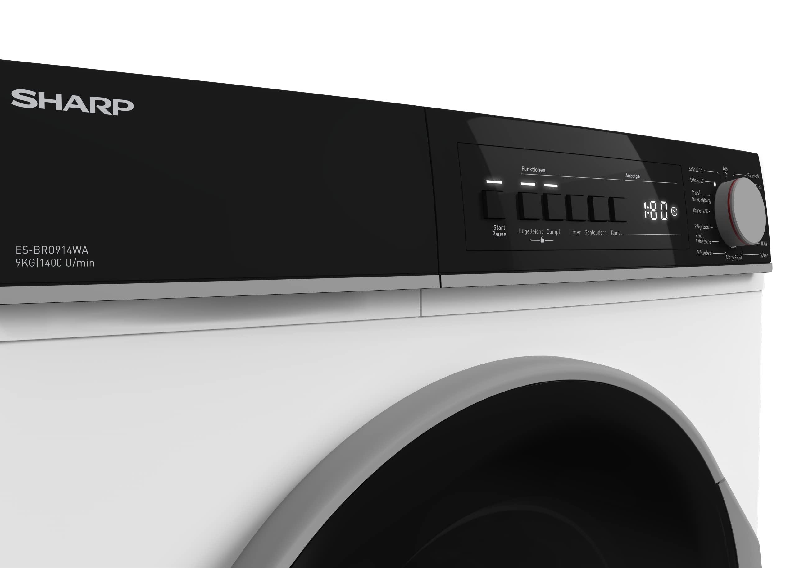 Sharp ES-BRO014WA-DE Waschmaschine Frontlader / 10 kg / 1400 U/min/Adanced Inverter Motor / 15 Programme inkl. 15 min Kurzprogramm und Dampffunktion/AquaStop/Weiß