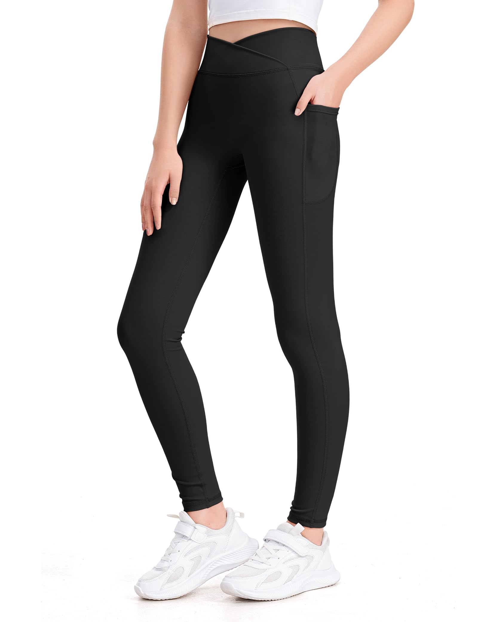KEREDA Leggings Mädchen Sportleggins Kinder V Crossover Sporthose Teenager Hosen mit Taschen Turnhose für Gym Yoga Gymnastik