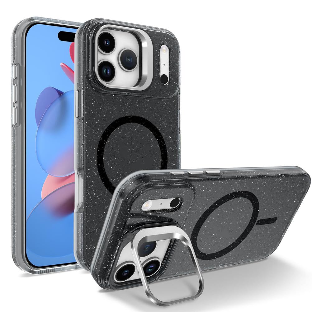 Magnetyczne etui do iPhone 17 Pro Max / 17 Pro / 17 Air/17, matowe etui na telefon komórkowy z klapką stojaka, brokatowe, stylowe, smukłe etui, czarne, 17 Pro