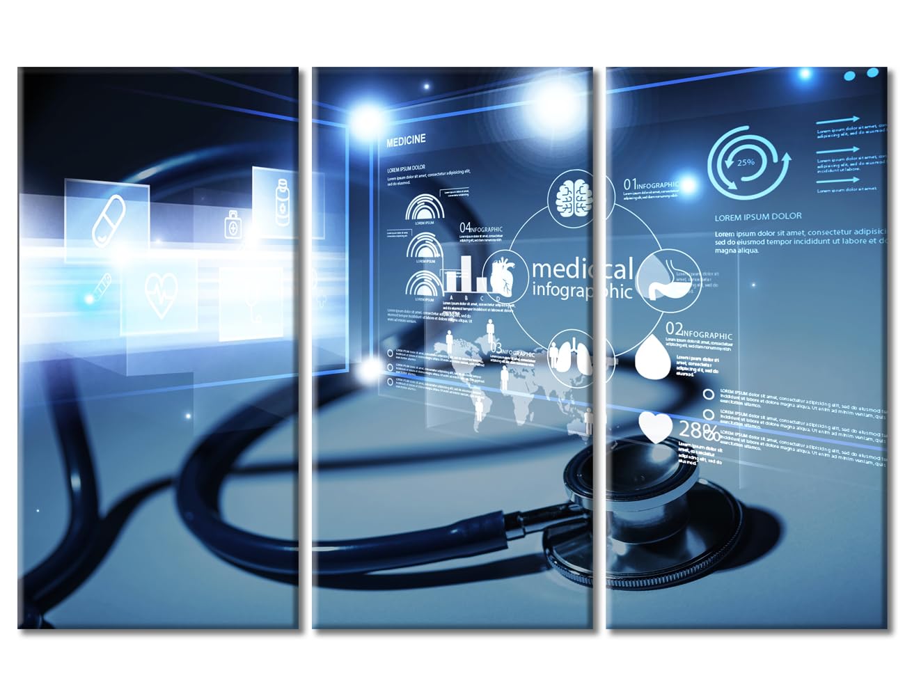 Medical Instrument Wall Art 3 Panels Medical Stethoscope and Infographic Paintings for Wall Decorations Wall Pictures Posters Giclee Wooden Framed Gallery-Wrapped Ready to Hang (42" Wx28 H)