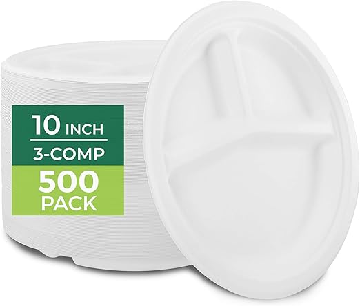 Freshware Paper Plates - Disposable 10" Plate, 500-Pack, Biodegradable Sugarcane Dinner Plates - Heavy Duty Dinnerware - Microwave & Freezer Safe, Stackable Dinnerware - 3-Compartment