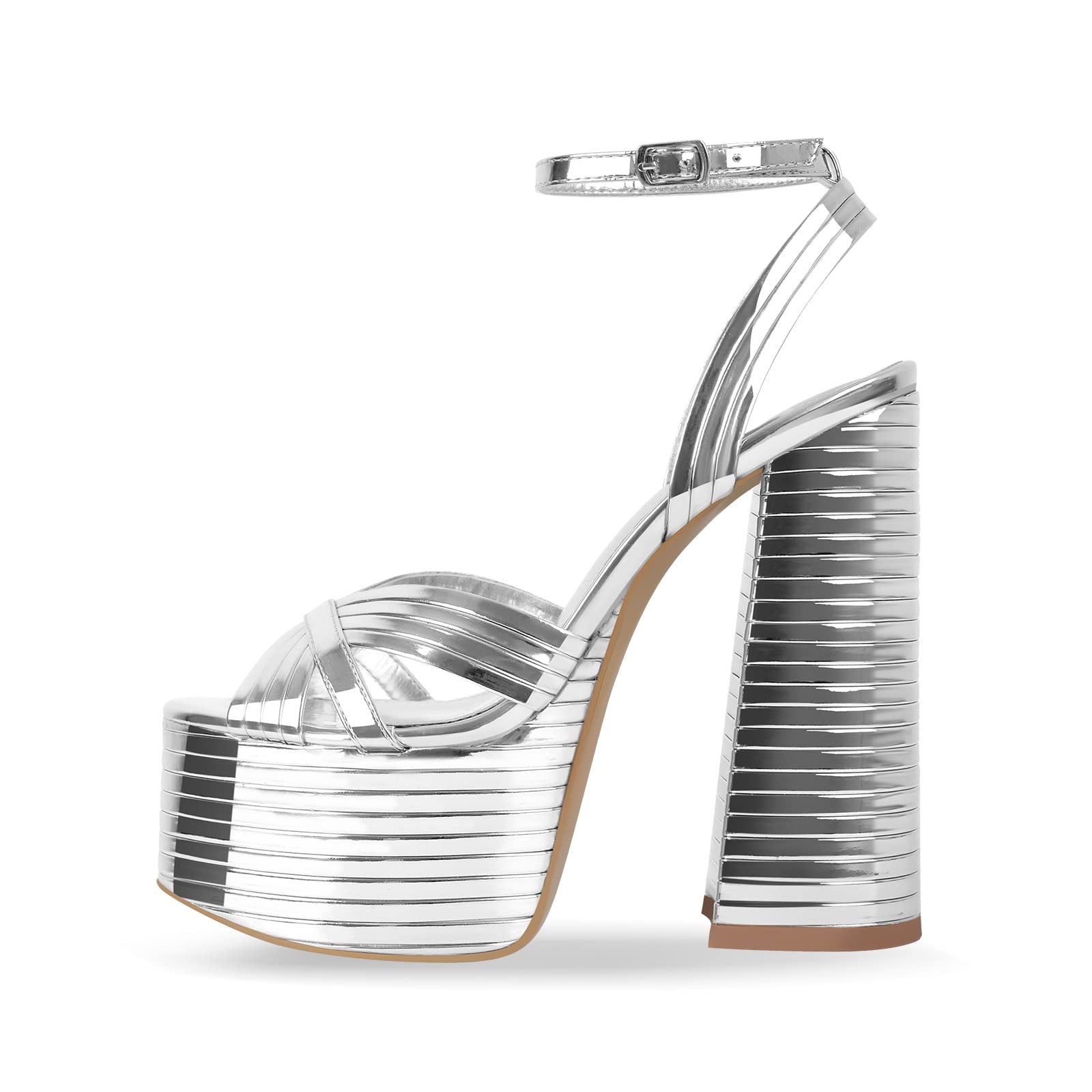 OnlymakerPlatform Heels for Women Sexy Ankle Strap Chunky High Heeled  Sandals Sparkly Metallic Leather Silver Platform Chunky Heels inch High  Block