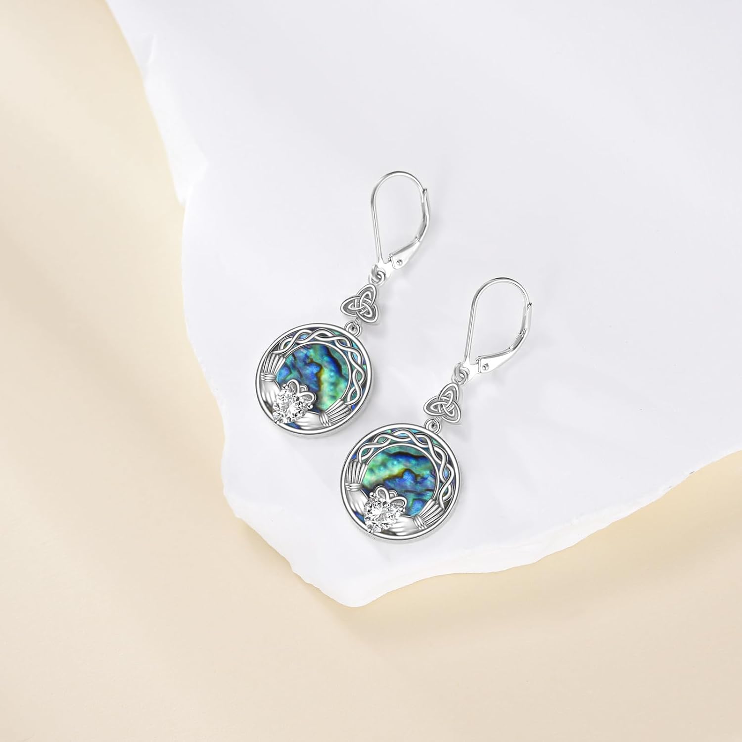 POPLYKE Celtic Claddagh Earrings 925 Sterling Silver Abalone Celtic Knot Leverback Drop Dangle Earrings For Women Claddagh Jewelry - Image 5