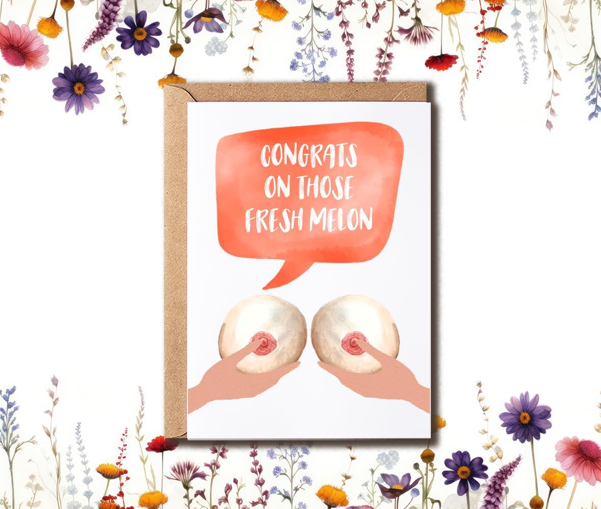 Congrats On Those Fresh Melons - Cheeky Breast Greeting Card - Fabulous Boob Job Card, White - Image 4