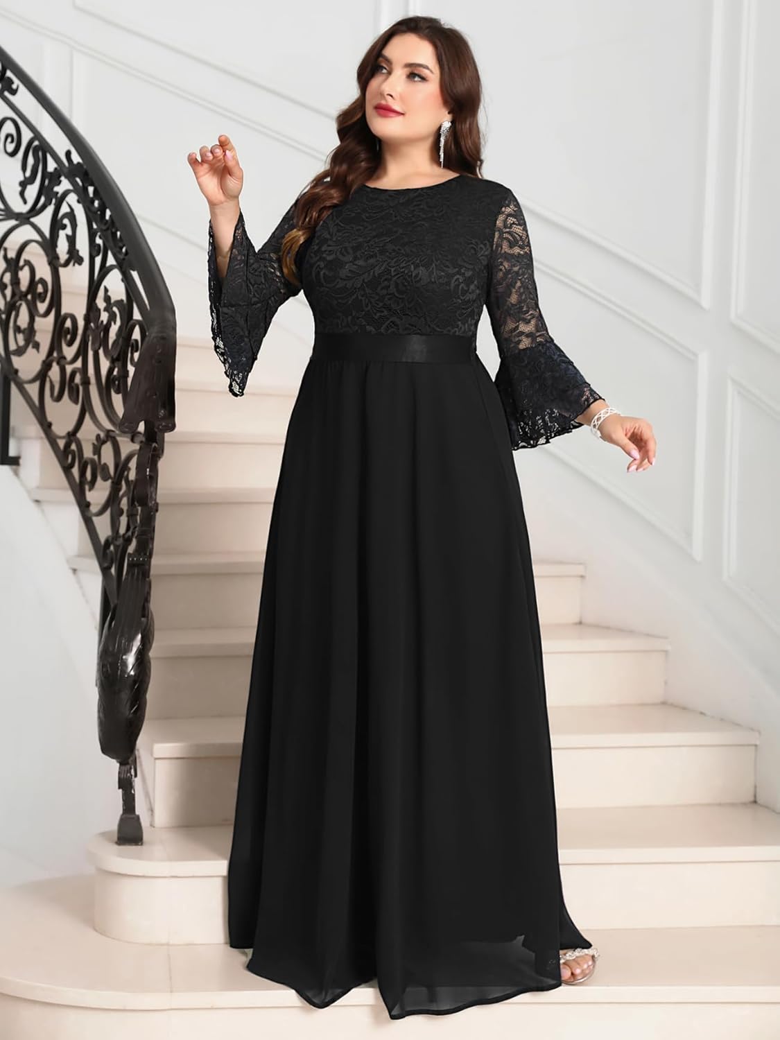 Plus Size Maxi Dress Floral Lace Contrast Chiffon Evening Gown Ruffle Bell Sleeve Crew Neck Formal Wedding Guest - Image 4