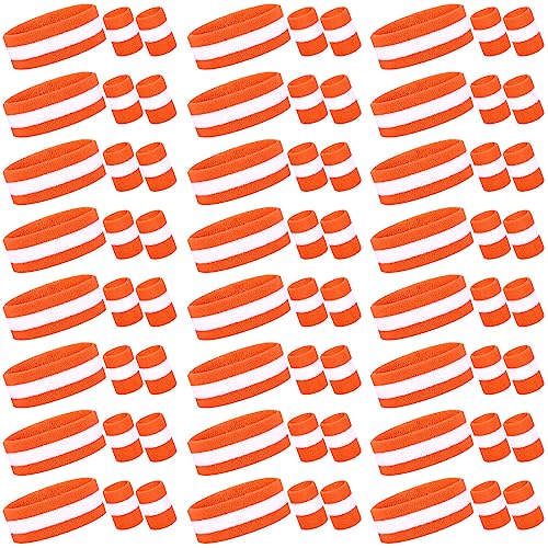 Image of 72 Pcs Bulk Striped Sweatband Set Include 24 Pcs Sweat Absorbing Striped Headbands and 48 Pcs Sweatbands Wristbands Cotton Athletic Sweat Bands for Men Women Gym Sports Workout