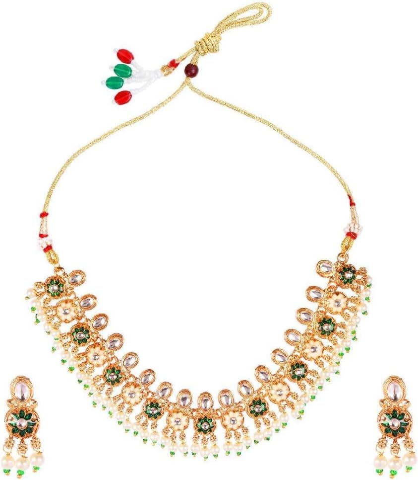 Efulgenz Indian Jewelry Sets for Women Traditional Gold Tone Choker Necklace Set Faux Pearl Kundan Crystal Floral Necklace Dangle Earrings Bollywood Fashion Indian Bridal Jewelry for Wedding - Image 5