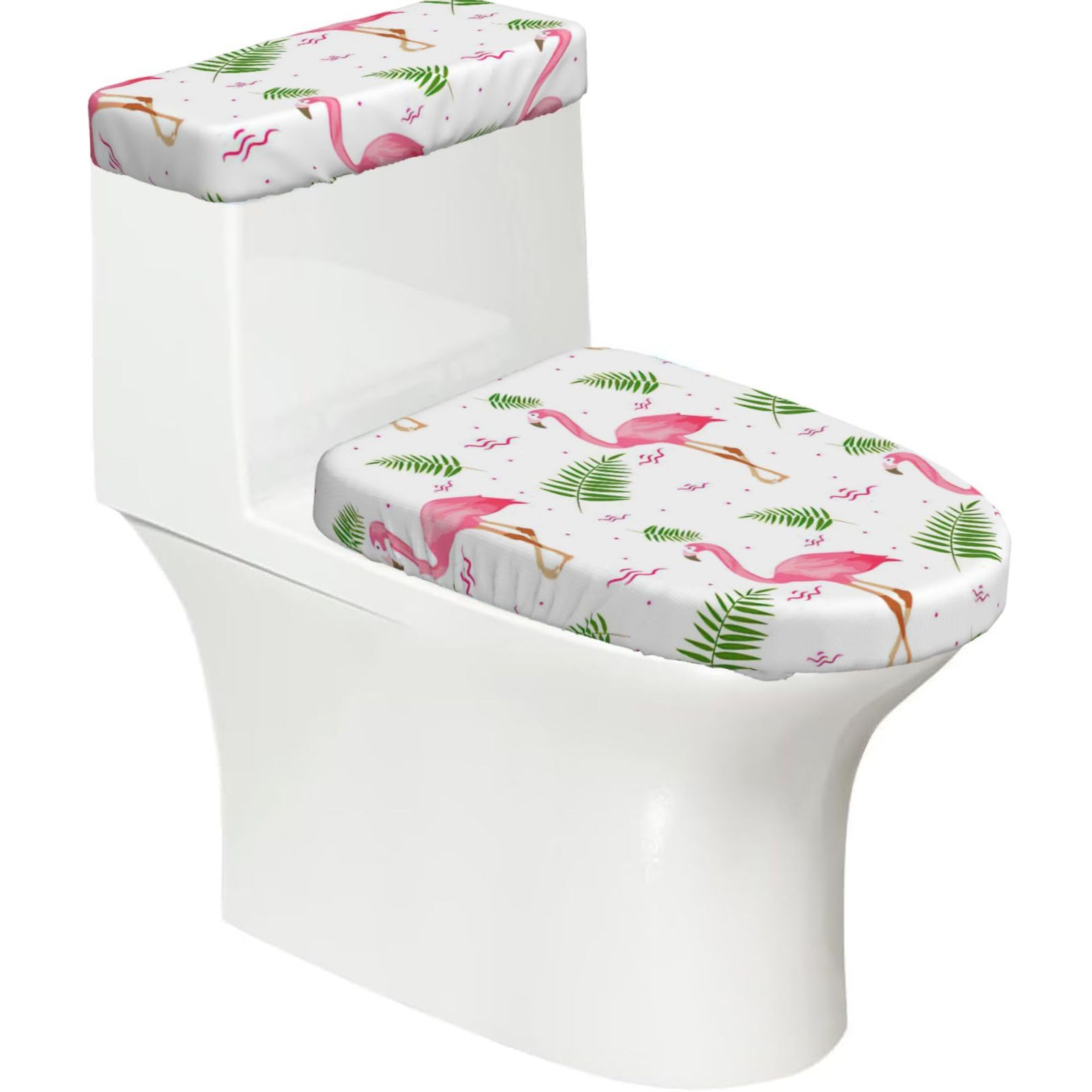 White Flamingo Print Bathroom Decor Toilet Lid Cover And Tank Covers, Restroom Accessories Fits Most Round