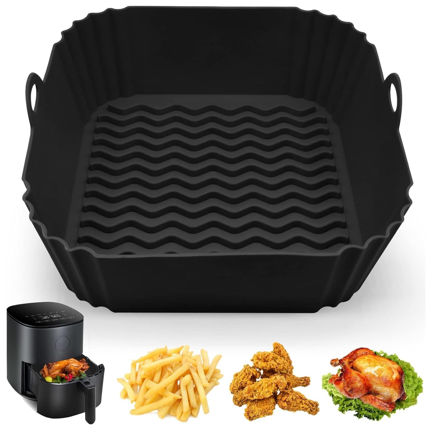 2 PCS Air Fryer Silicone Pot, Square Non-Stick, 8 Inch, Heat Resistant, Deep Fryer Basket, 4 to 7 QT Oven Microwave Accessory, Silicone Baking Tray