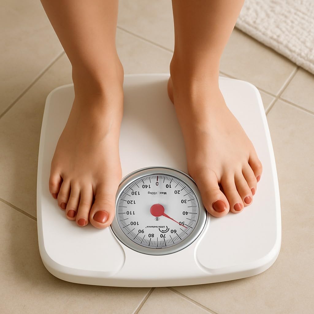 LITTLE BALANCE 8935 Confort 150, Bilancia pesapersone meccanica, Bilancia con schermo XL, Forma compatta, 150 kg, Bianco