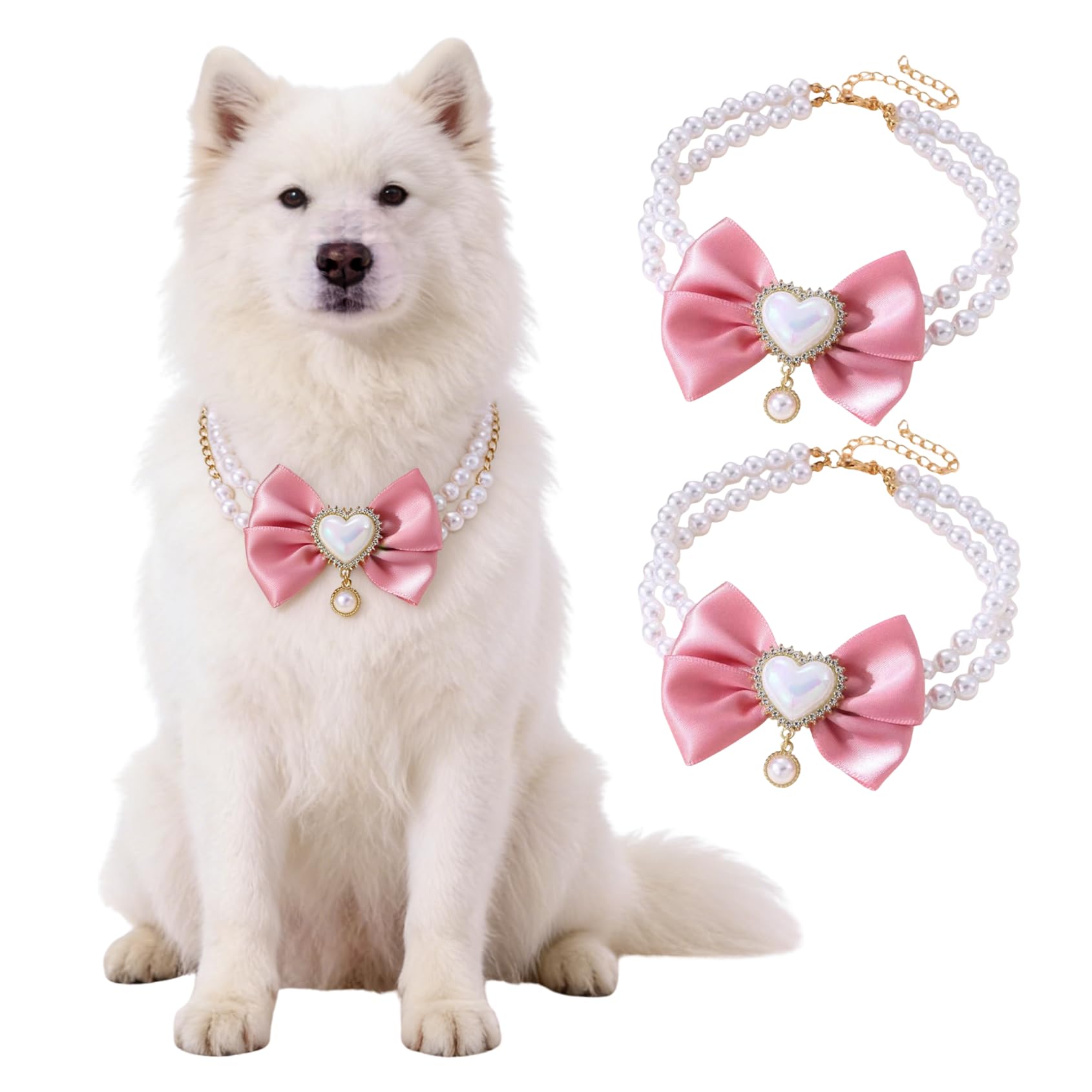 2 Pcs Dog Pearl Necklace Collar, Elegant Style Cat Pearl Collars, Dog Pearls Collar Necklace Jewelry with Pink Bow, for Small Medium Pets Cats Dogs (Pink_35cm)