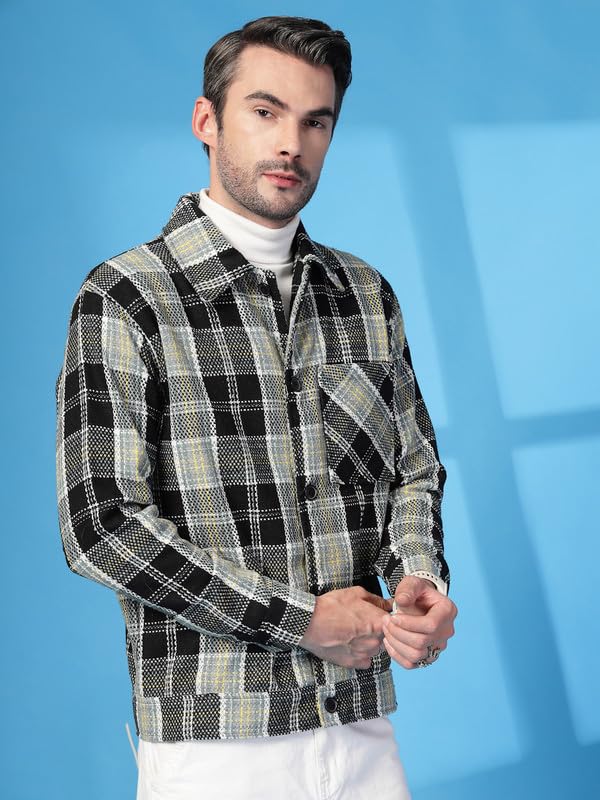 Image of CHKOKKO Men's Tweed Winter Shacket Stylish Flannel Plaid Standard Length Jacket Shirt