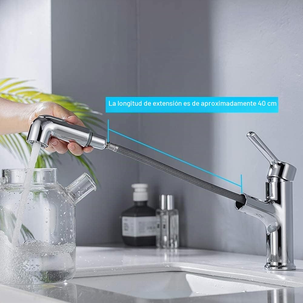 ONECE Grifo de Lavabo Extraible en 2 Modos, Grifería para Baño con Ducha | Mezclador Monomando de Latón, Aireador Extraíble, Válvula de Cerámica, Agua Fría y Caliente, Cromado