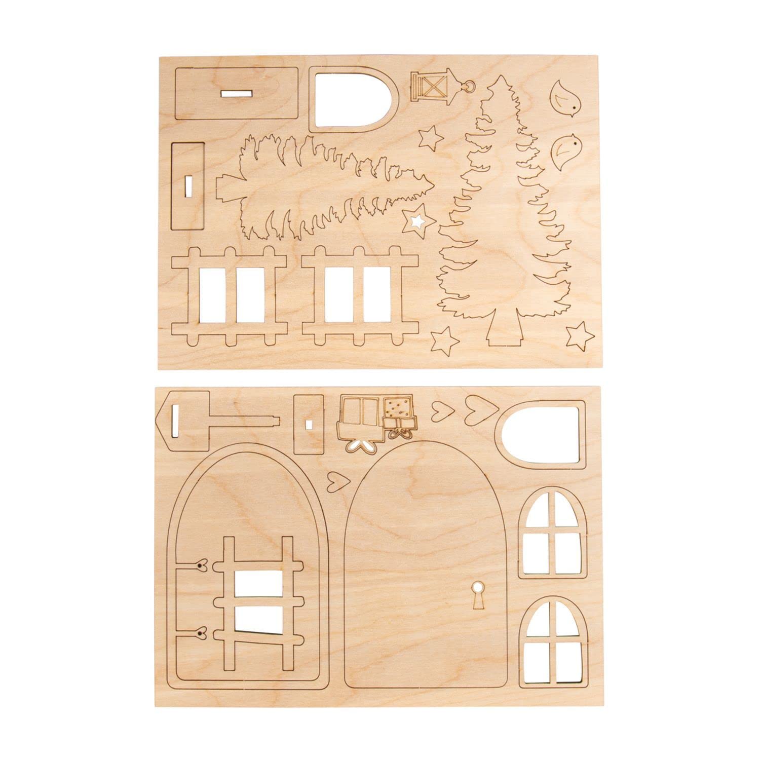 Rayher Wooden Fairy Door for DIY Fairy Garden, Elf Door Set with Ladder, Windows, Fir Trees, and more Accessories, Wood Craft Set with 26 Pieces, Nisse, 21x15cm, natural wood, 64518505