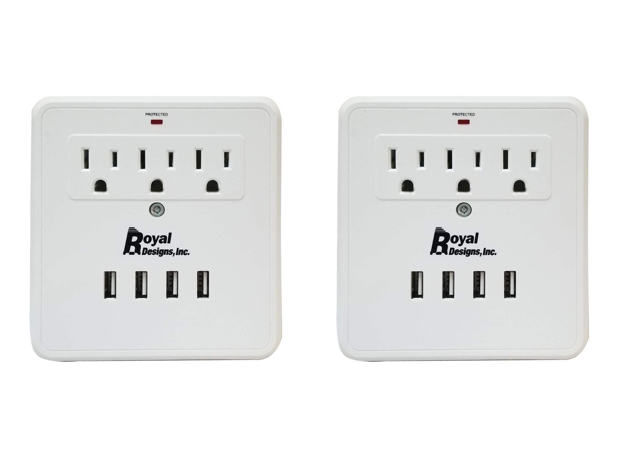Royal Designs Wall Mount 3 Outlet Surge Protector Power Strip with 4 USB Ports, 300 Joule, White, Set of 2