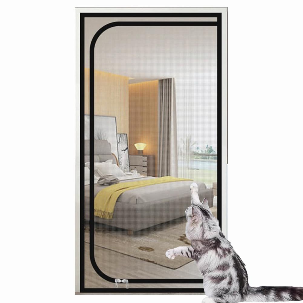 Yuly Custom Size Cat Screen Door Mesh,Cat Protection Door Net with Zipper,Self-Adhesive Anti-Mosquito Insect Netting,Prevent Cats Running Out From Home (Black-C)