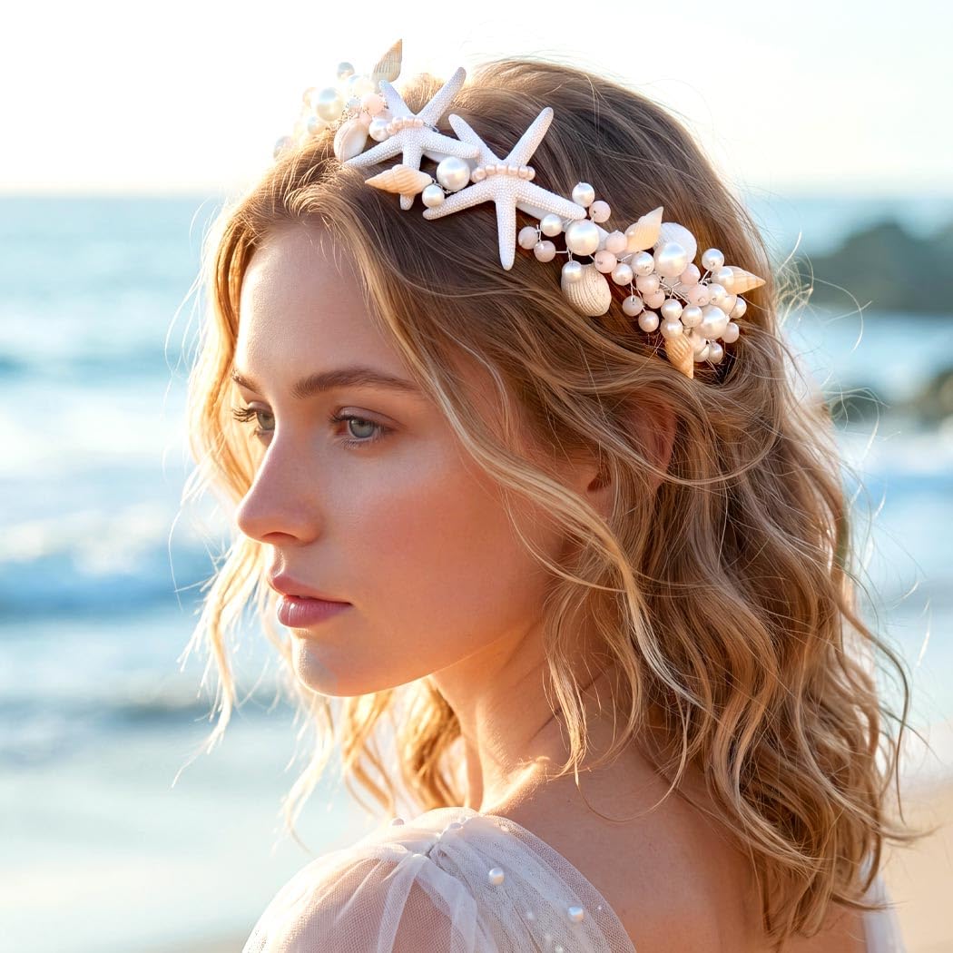 Brishow Mermaid Headband for Women Starfish Seashell Crown Beach Ocean Outfit Tiara Headpiece