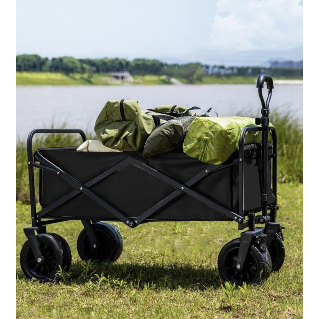 Carrello pieghevole con ruote larghe per giardino, spiaggia, escursioni con freno, manico regolabile – portata 100 kg, volume 75 l