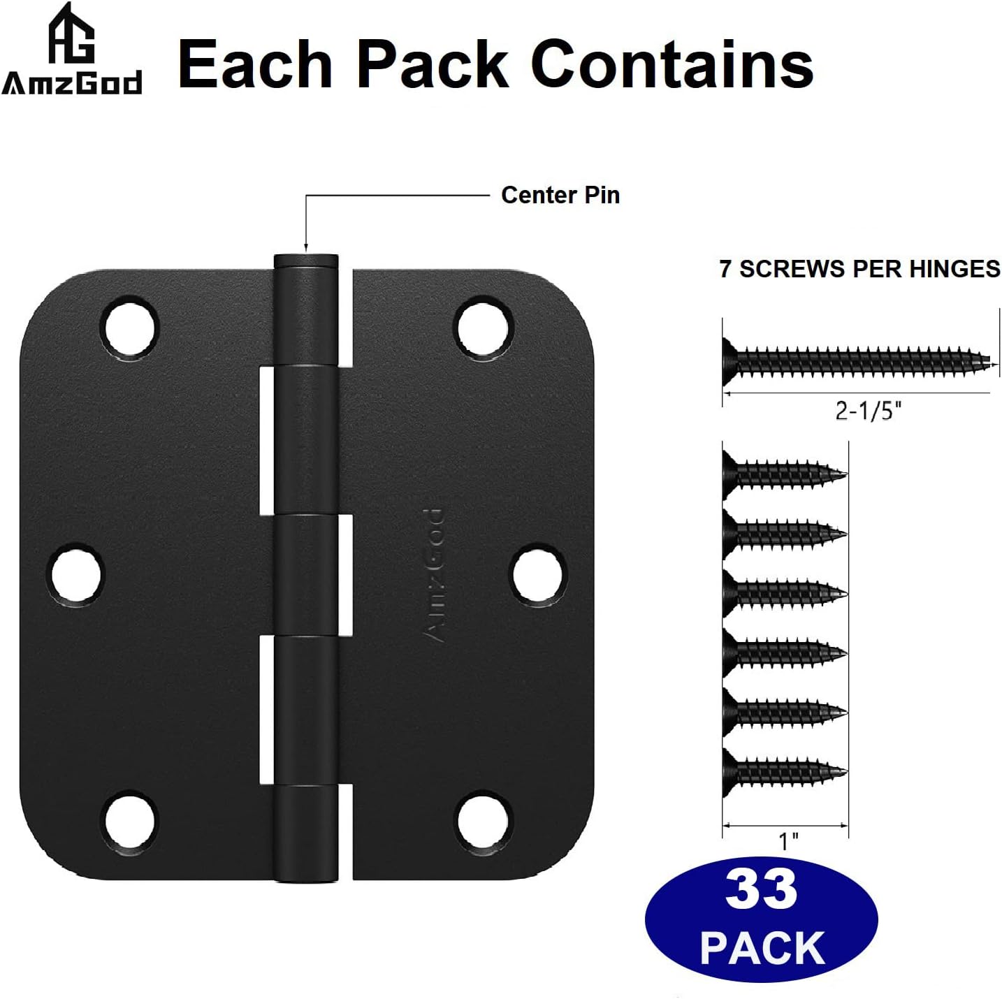 Door Hinges Matte Black - 33 Pack Black Door Hinges 3.5 Inch Rounded Interior Door Hinges with 5/8" Radius, Flat Iron Hinges for Doors 3 1/2 Inches, 3 ½" Door Hardware for Bedroom, Garage