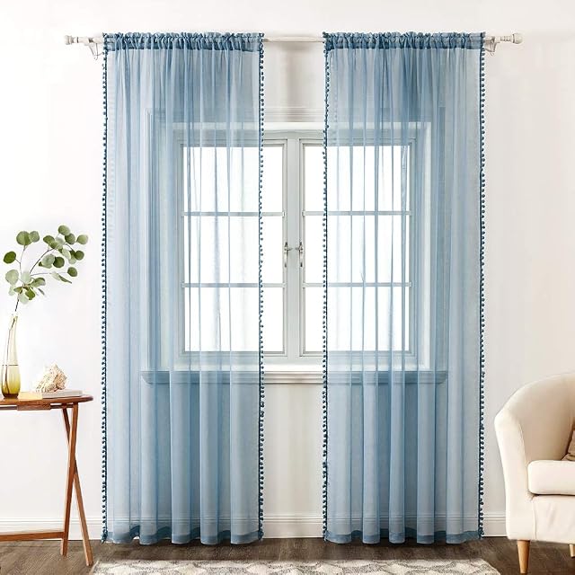 MIULEE Zasłona z frędzlami niebieska z oczkami, zestaw 2 sztuk (2XL140 x wys. 215 cm), piękne dekoracyjne zasłony do pokoju dziecięcego, salonu, zasłony dziecięce z pluszową kulą