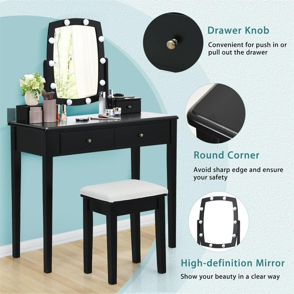 Dresser Set with Illuminated Mirror Adjustable 10 Light Dresser 4 Drawer Dressing Table Bedroom Furniture (Color : D, Size : 36x16x52 inches)