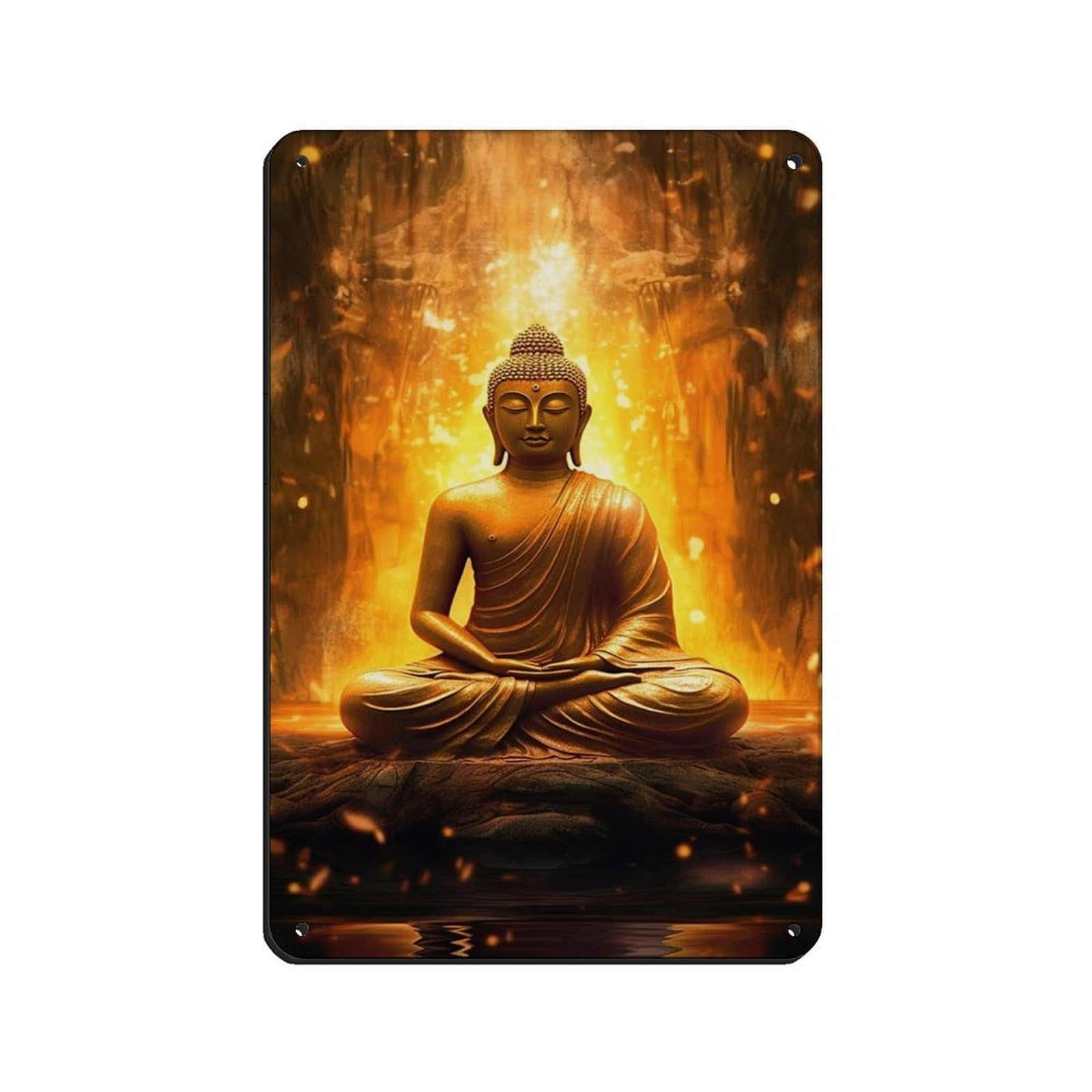 Golden Buddha in Radiant Meditation – Zen Retro Poster Metal Tin Sign Chic Art Retro Iron Painting Bar People Cave Cafe Family Garage Poster Wall Decoration 8x12inch(20x30cm)