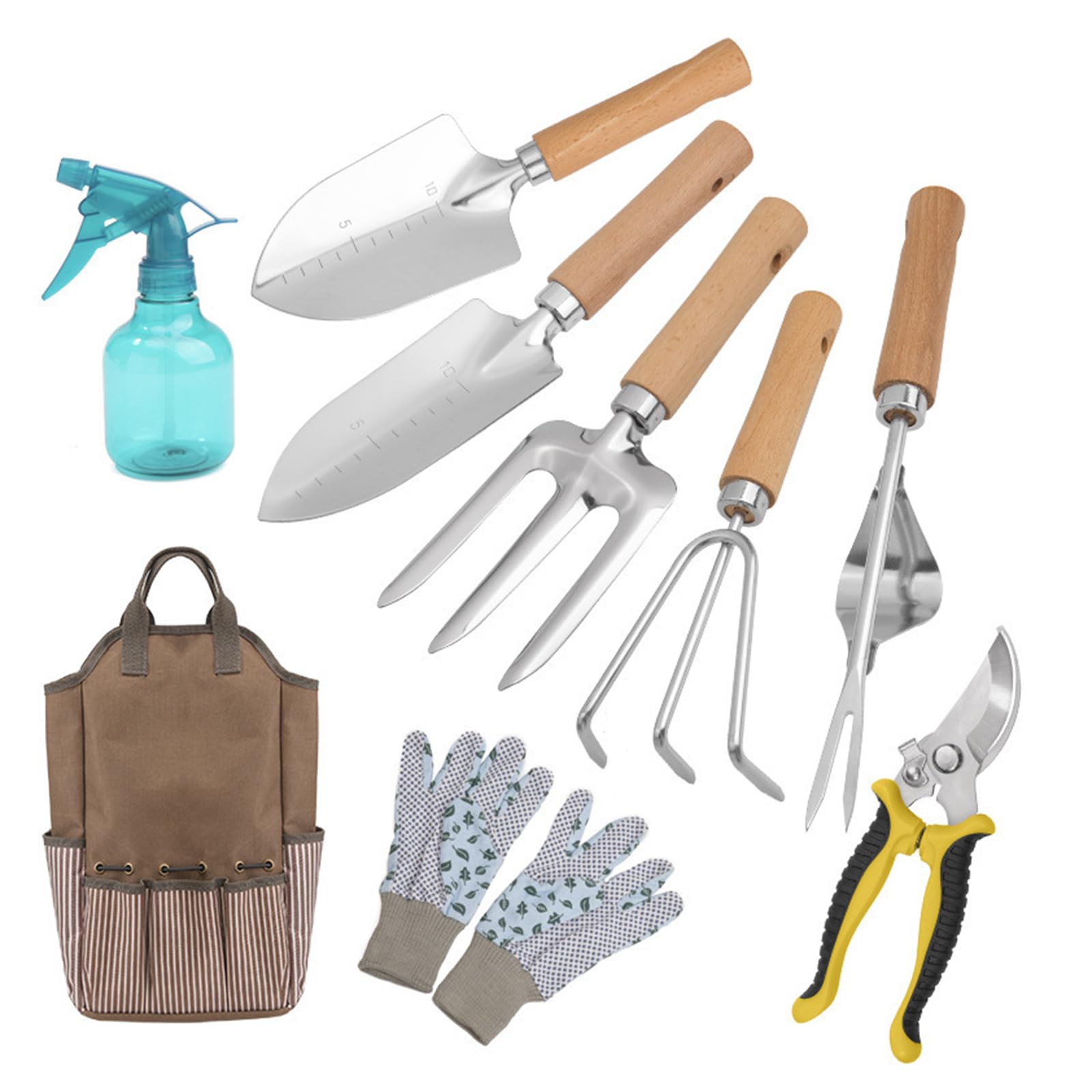 9-teiliges Gartenwerkzeug-Set, Hochwertiges Gartenset aus Edelstahl mit Holzgriff zum Pflanzen, Graben und Beschneiden, mit Robuster Tasche,Braun