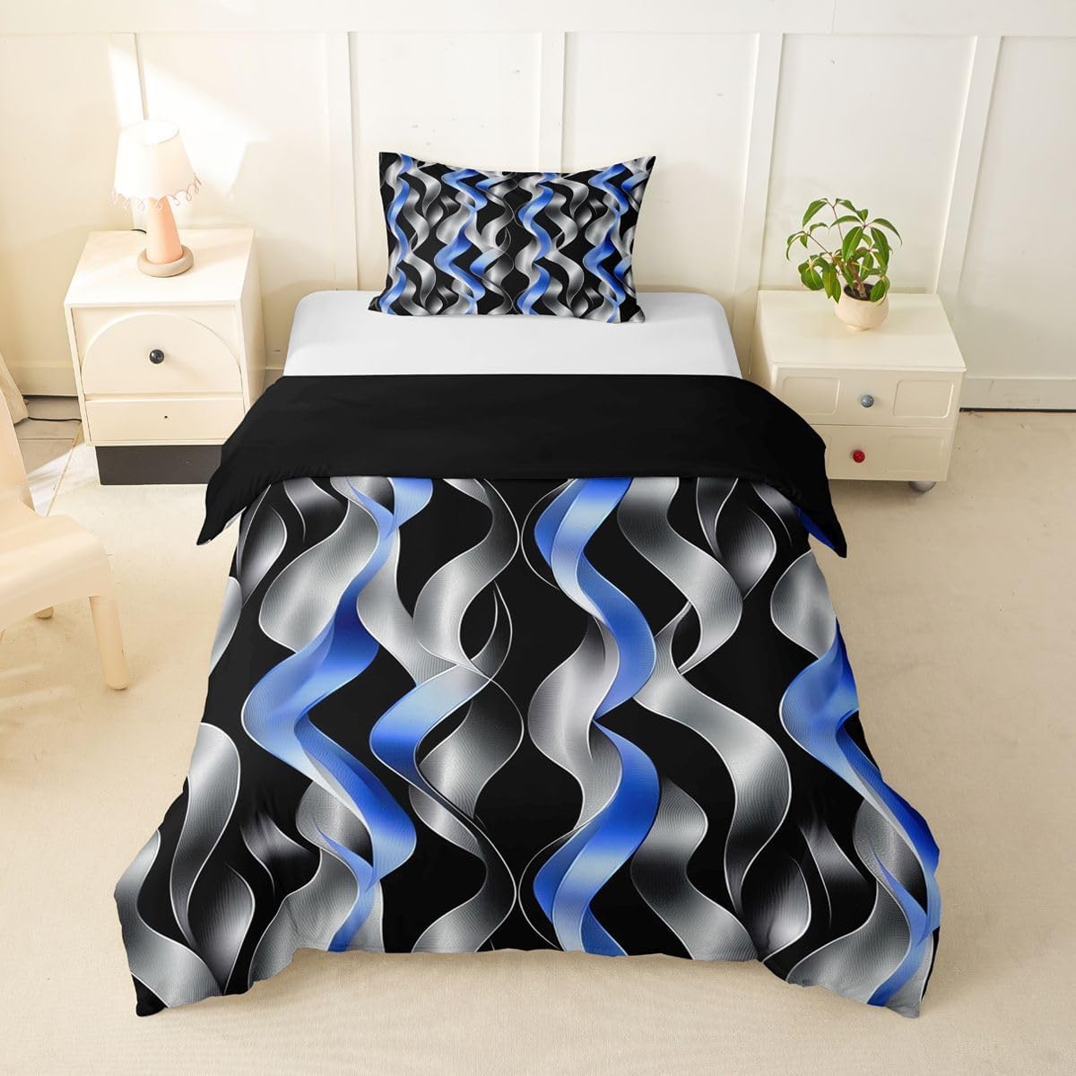 jejeloiu Modern Striped Duvet Cover Toddler Size Modern Abstract Geometric Bedding Set Breathable Soft Geometric Spiral Pattern Comforter Cover 2Pcs Blue and Gray Bedroom Decor No Comforter