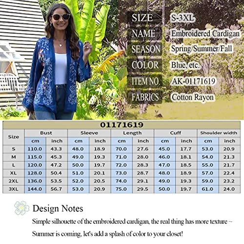 Women Enchanting Blue Embroidered Open Front Cardigan Jacket Mexican Tops Loose Casual Long Sleeve Fashionable Shawl #TOP5