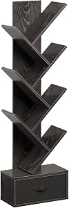 Rolanstar Bookshelf with Drawer, 7-Tier Tree Bookshelf, Black Bookcase, Wooden Storage Rack for CDs/Movies/Books, Utility Organizer Shelves for Living Room, Bedroom, Home Office