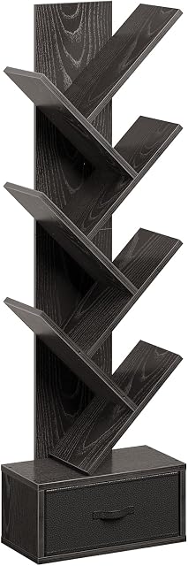 Rolanstar Bibliothèque avec tiroir, 7-Tier Étagère, Bibliothèque noire, rack de rangement en bois pour CD/Movies/Livres, étagères d'organisateur de services publics pour salon, chambre, bureau à la maison