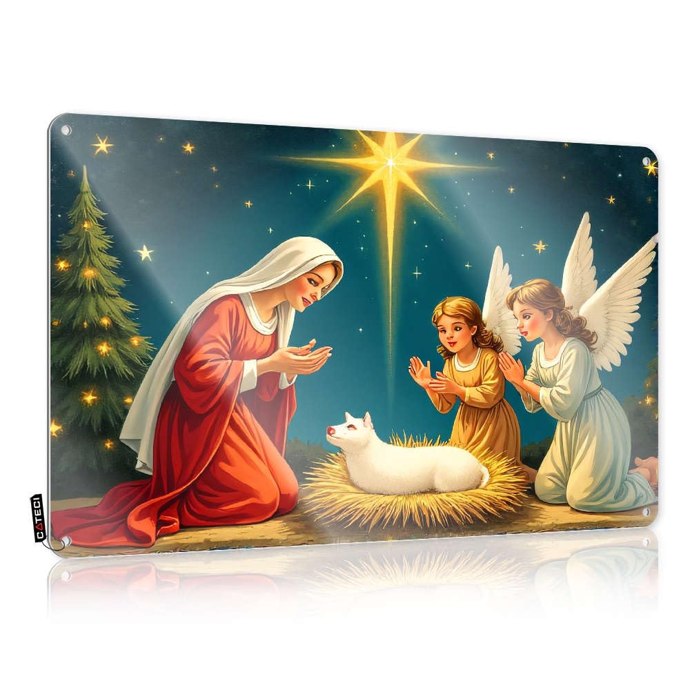 Tin Decor A Nativity Scene With Mary, Joseph, And An Angel Adoring The Baby Jesus. Tin Sign Funny Garage Bar Signs Garage Signs For Men Vintag(20X30CM)