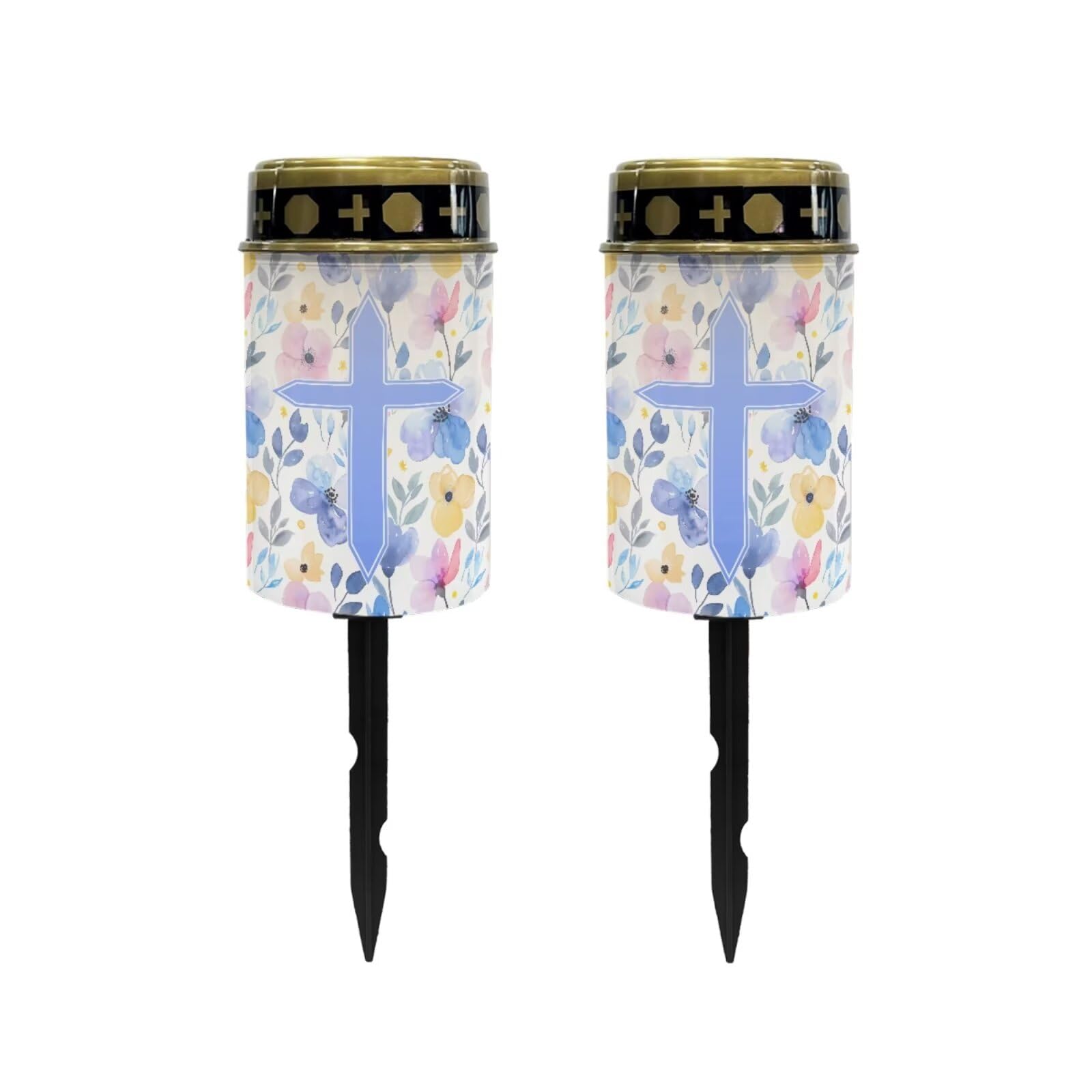 Poceacles Cross Solar Lights Outdoor Waterproof Cemetery Lights Solar Powered Grave Solar Lantern Outdoor Waterproof Walkway Lights for Lawn Garden Pathway, Blue Floral Cross, Pack of 2